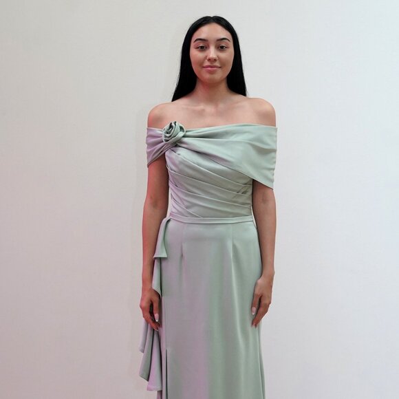 New Off Shoulder Sheath Ruffled Prom Gown w/ Rosette Detail & Leg Slit JT2716C - Picture 1 of 8